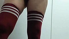 cheeky change room try on with topless thigh high socks