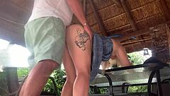 Damn, hot blonde gets upskirt pounded outdoors with creampie finish!