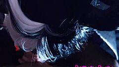 Sexy brunette succubus babe in cosplay costume sucking monster cock then fucking doggystyle on halloween