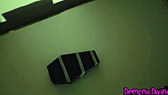 Sexy brunette succubus babe in cosplay costume sucking monster cock then fucking doggystyle on halloween