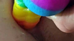 Brunette Amateur Chubby Girl Using Rainbow Dildo for Anal Creampie with Gaping Assfucking