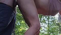 amused by honking while she sucks his huge cock in forest for mouthful cumshot