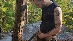 i love stroking my hairy tattooed body while jerking off outdoors in the forest