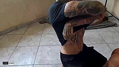 I adore how this sexy Brazilian brunette babe with natural big tits rides the tattooed hunk passionately