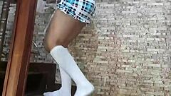 I fuck brunette babe hard on stairs before beach