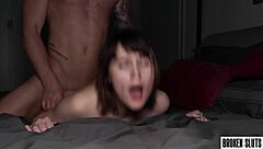 petite college brunette takes big cock deep in missionary and cowgirl for rough cum in mouth quickie