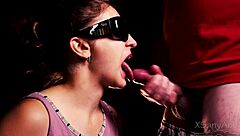 i blindfolded my young amateur girlfriend for a cheating taste game with cum in mouth and lipstick fun until she swallows