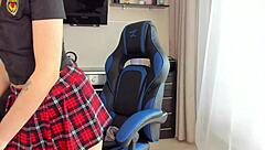 Oiled Blonde Student In Skirt Socks Lipstick Plays With Toys