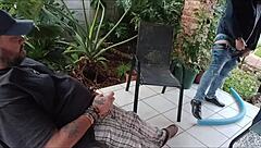 Shy girl got her virginity broken by guy while his friend is busy masturbating outside in the garden 😏