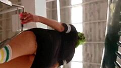 Mexican woman with big ass walks through the supermarket showing her curves