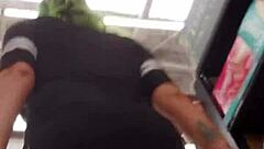 Mexican woman with big ass walks through the supermarket showing her curves