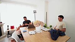 hey, this horny milf is diving into a steamy threesome with two college studs, licking and riding their cocks wildly