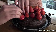 Lesbian threesome suggests fingering and dildo licking in kitchen with petite brunette rimjob and anal toys