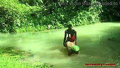 Ebony african wife fucks her pastor during water baptism in close up creampie doggystyle with monster big cock