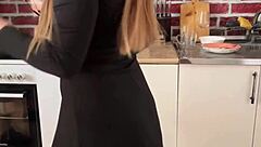 Amateur babe with natural tits gets intense orgasm from homemade sex in kitchen with blowjob and ass play