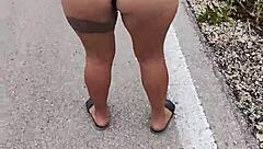 horny mexican prostitute showing ass and natural tits on public road in latina style