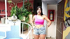 Quickie fucking Colombian brunette babe Jessica Osorio in big ass deepthroat action outdoors while husband away. Wet orgasm hits hard.