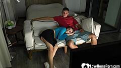 Is this teen brunette ready to suck and ride a big cock on the sofa in pov?