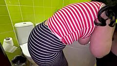 Guy took his friend's ass in the toilet and she showed him her big tits during amateur anal