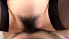 Japanese woman delivers blowjob to young man while husband watches then they engage in intense sex