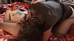 is this french amateur in red satin dress and brown tight outfit with lingerie panties thong bra garter-belt heels stockings getting pussy fucked doggystyle with blowjob rimming pov closeup?