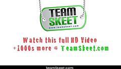 Teen babe with big tits gives masseur deepthroat blowjob before hardcore anal assfucking on table