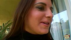 Specific title detailing horny brunette sex bomb joining masked lesbians to fuck single guy with blowjob cumshot and facial