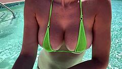 Italian Big Tits Milf Artemisia Love Poses Outdoors in Pool Wearing Micro Bikini with Boobs Exposed