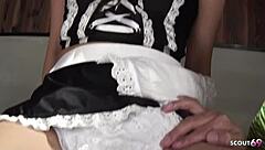 Skinny Asian Petite Maid's Tight Pussy Dripping from First Intense Toy Orgasm by Older Man