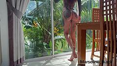 juicy tanned brunette deepthroats rough face fuck on desk to squirting cum mouthful