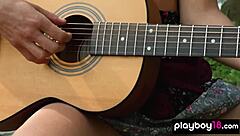 blonde anna katarina strips naked strums guitar outdoors