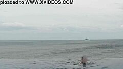 skinny japanese college girl's infinity pool tease