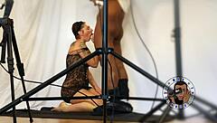 ella's sloppy interracial blowjob on big black monster cock behind the scenes