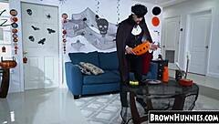 Halloween Treat: Chocolate Ebony Teen's Petite Pussy In Heels And Stockings