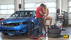sexy short-haired beauty tongues car mechanic's anus