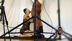 ella's sloppy interracial blowjob on big black monster cock behind the scenes