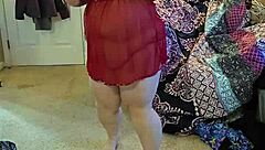 Curvy BBW brunette strips lingerie teases huge natural tits dancing