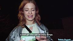 ginger babe squirts soaking public agent's huge cock