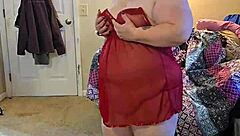 Curvy BBW brunette strips lingerie teases huge natural tits dancing