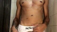 young stud with thick cock jerks off in shower homemade