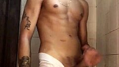 young stud with thick cock jerks off in shower homemade
