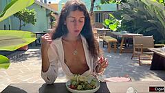 Cum Covered Face Lunch in Public Cafe Cumwalk