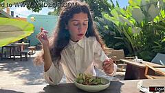 Cum Covered Face Lunch in Public Cafe Cumwalk