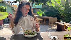 Cum Covered Face Lunch in Public Cafe Cumwalk