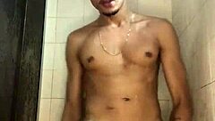 young stud with thick cock jerks off in shower homemade