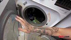 tanned blonde milf drenches laundry in steamy doggystyle