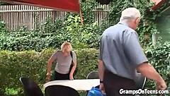 Petite Teen Takes Old Man's Cock in Forest Threesome Doggystyle