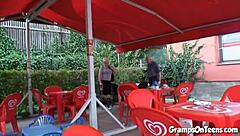 Petite Teen Takes Old Man's Cock in Forest Threesome Doggystyle