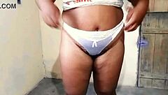 Wife with big ass tries neighbor's thong panties on camera