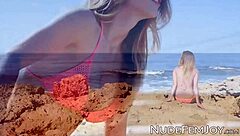 wanna see this babe tease her shaved pussy on the beach?